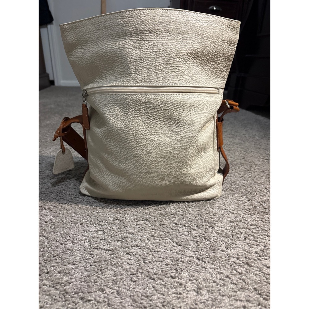 Petusco Spain Cream Pebbled Leather Foldover Crossbody Bag‎ Cognac Trim Medium